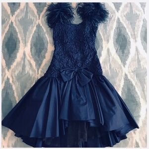 Vintage Royal Blue Satin Formal with Feather Shoulders Size XS/2